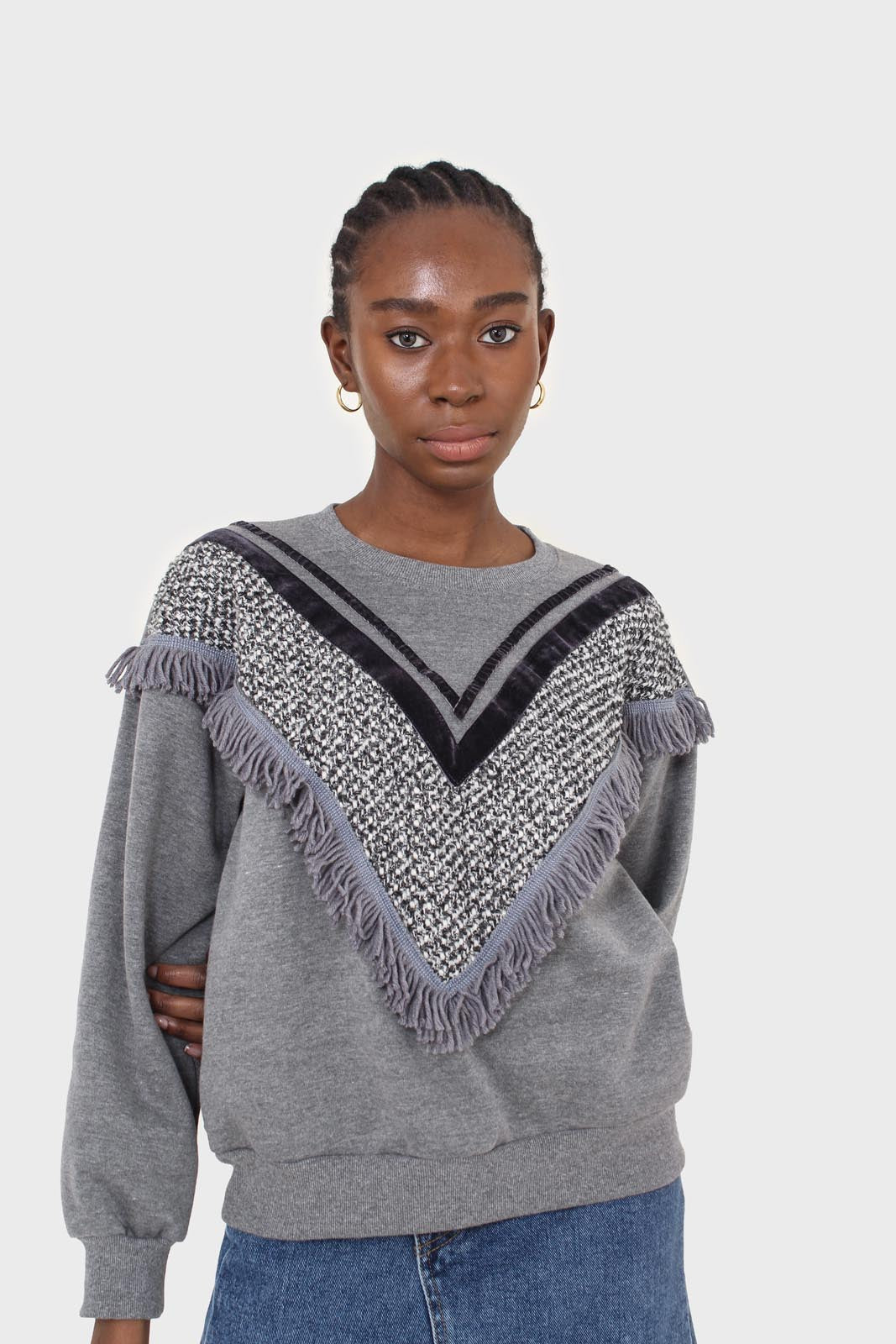 Grey V tweed fringe sweatshirt
