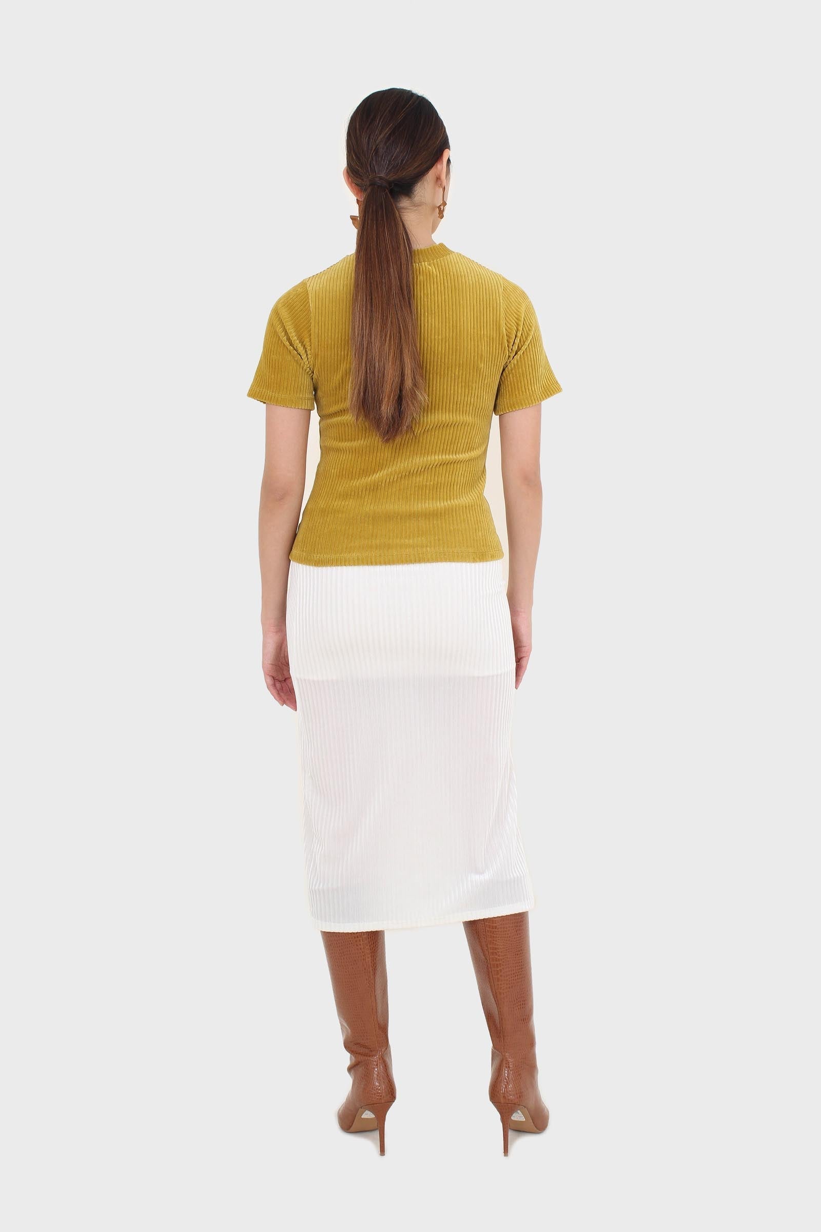 Mustard ribbed velvet mock neck tee