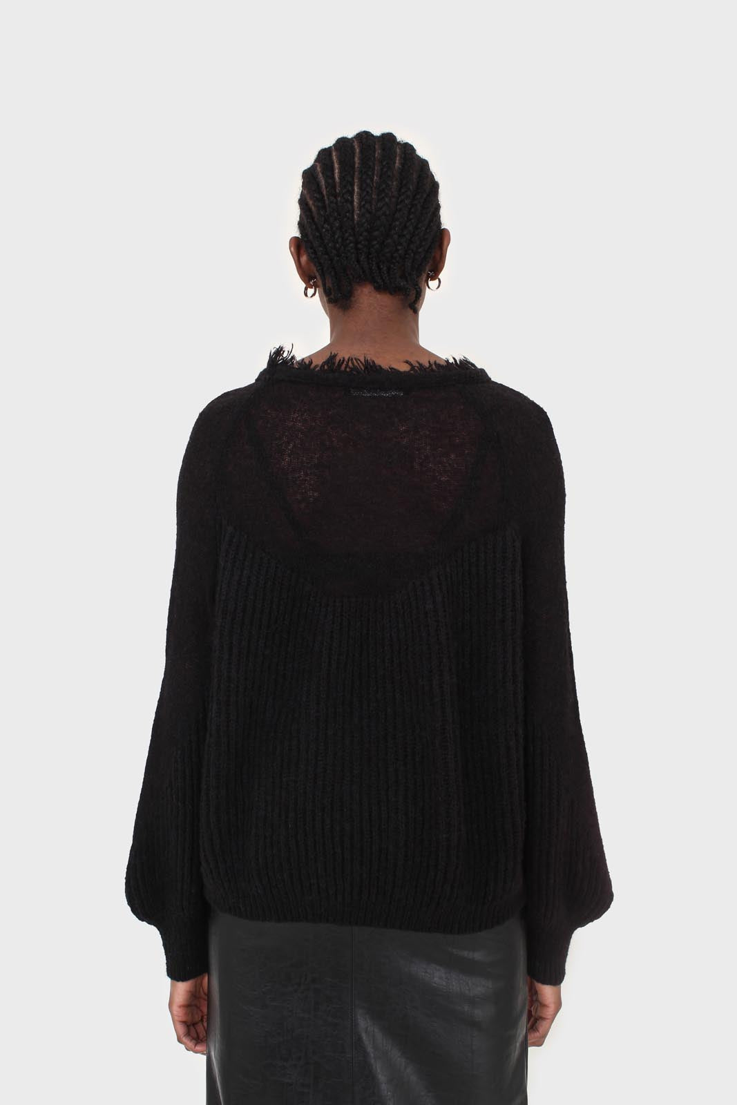 Black ribbed corset ruffle neck jumper