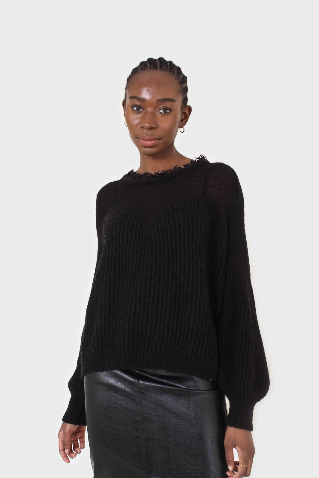 Black ribbed corset ruffle neck jumper