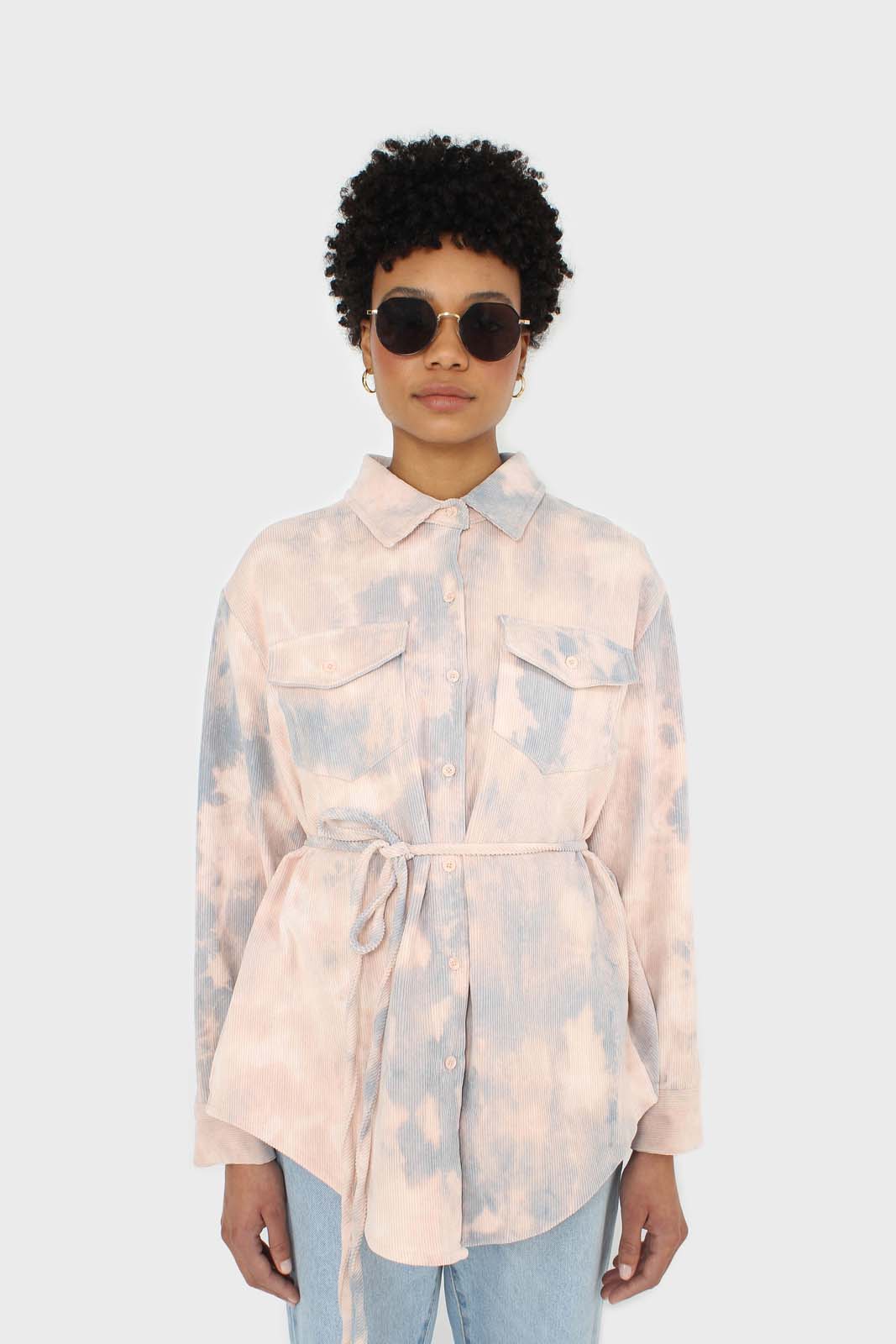 Pale pink and blue tie dye tie waist shirt jacket