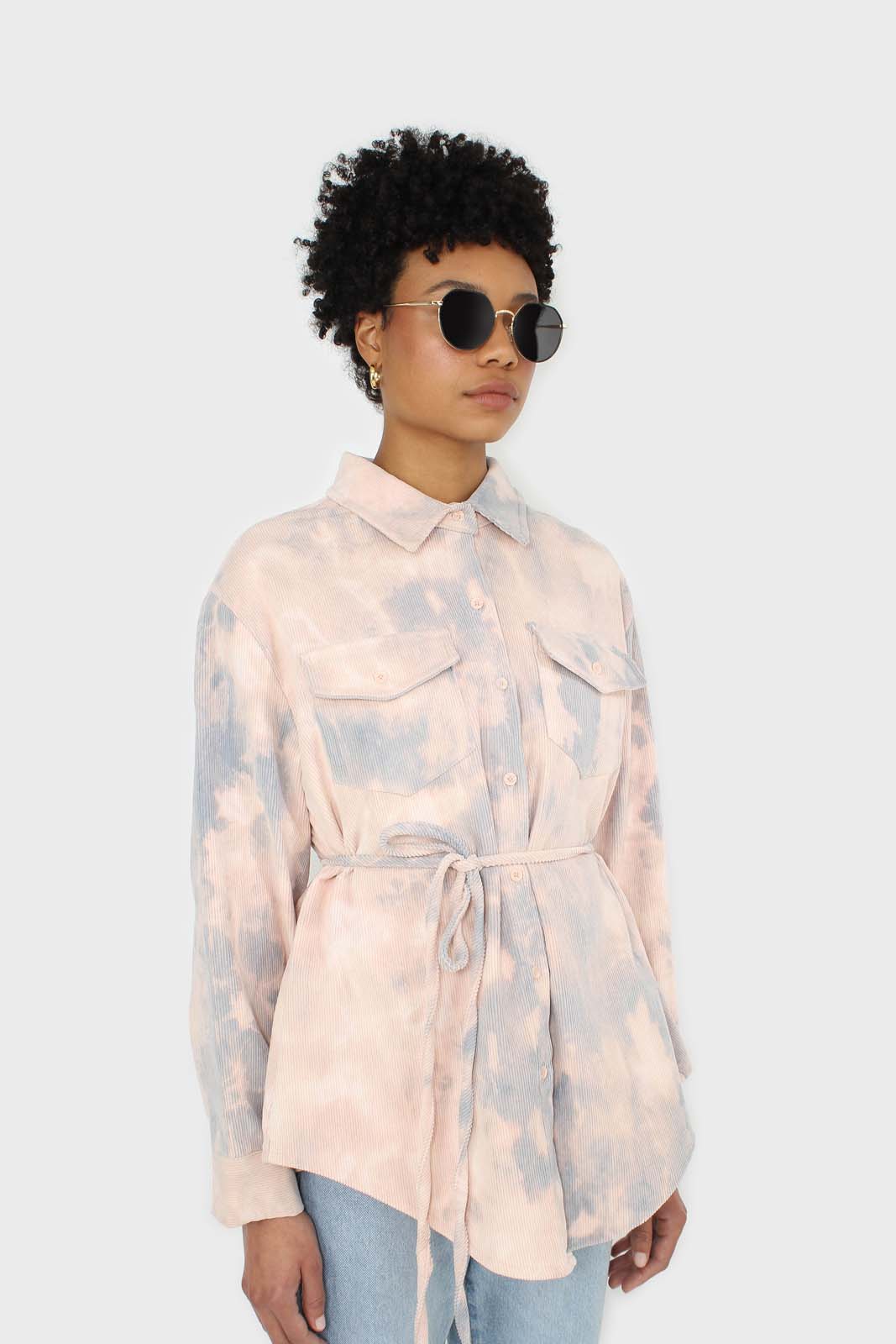 Pale pink and blue tie dye tie waist shirt jacket