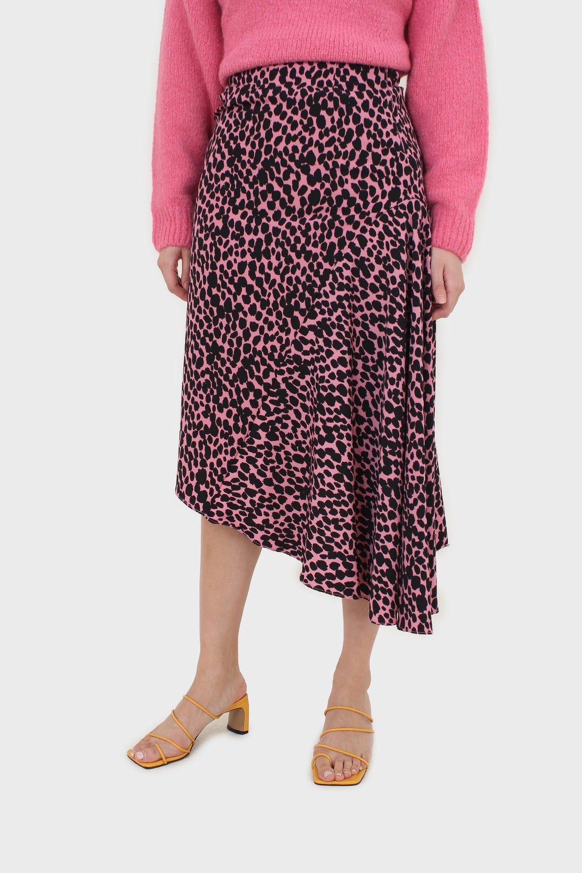 Pink and black animal print asymmetric hem skirt