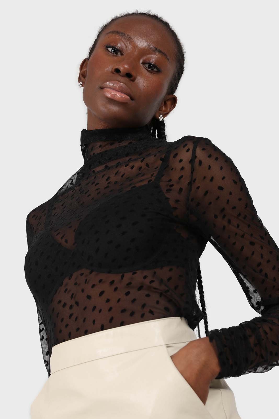 All black flecked sheer long sleeved top