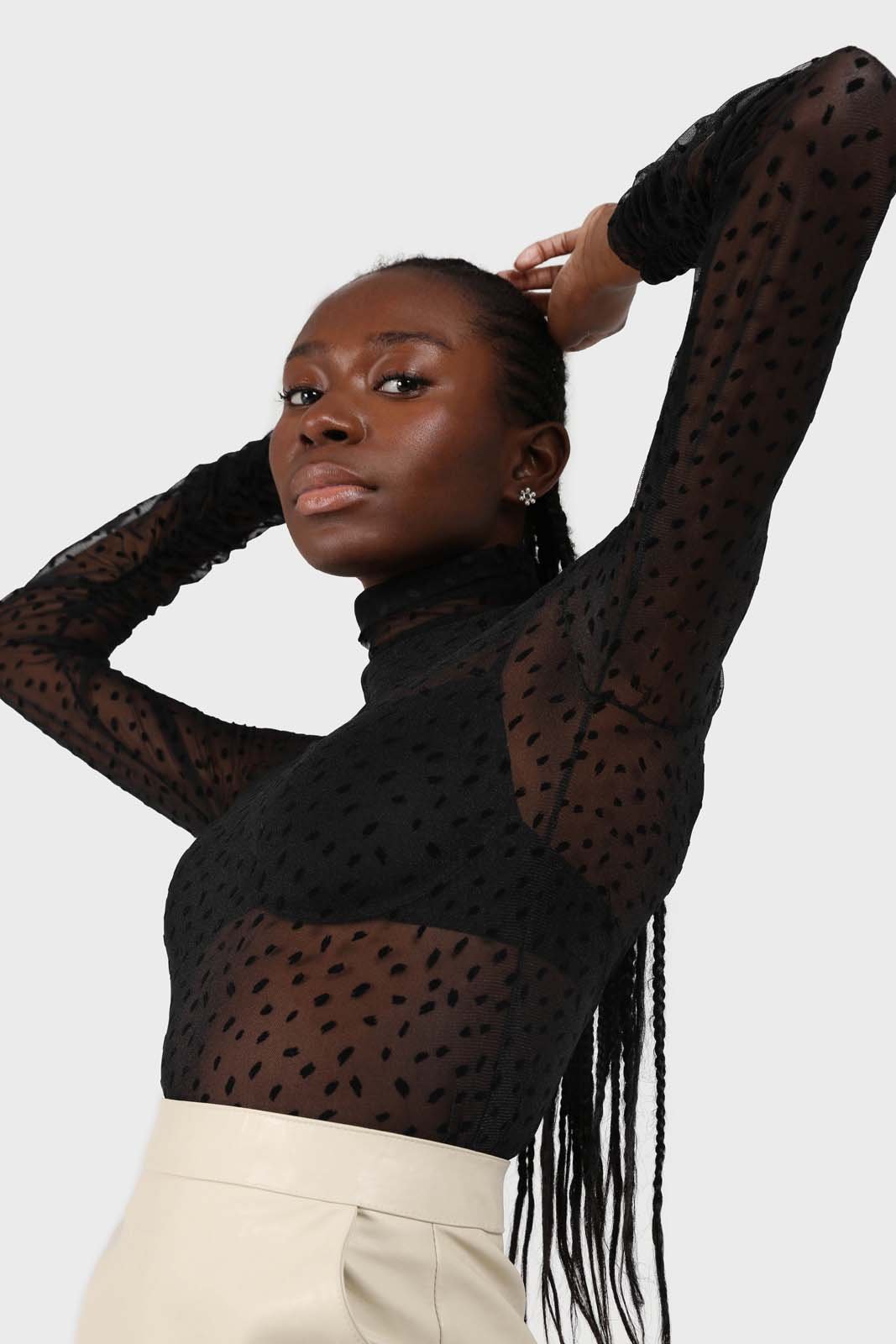 All black flecked sheer long sleeved top