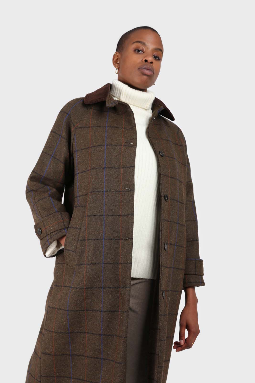 Khaki orange and cobalt box check corduroy collar wool-blend coat