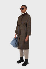 Khaki orange and cobalt box check corduroy collar wool-blend coat