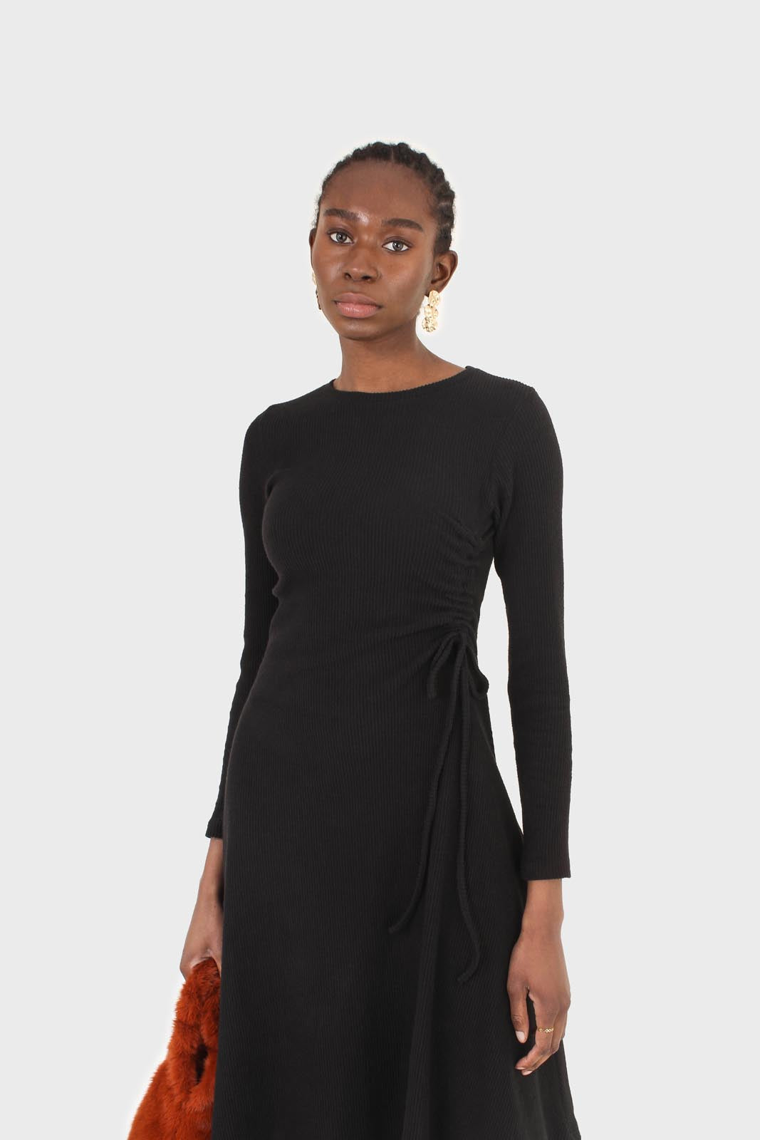 Black long sleeved ruched tie midi dress