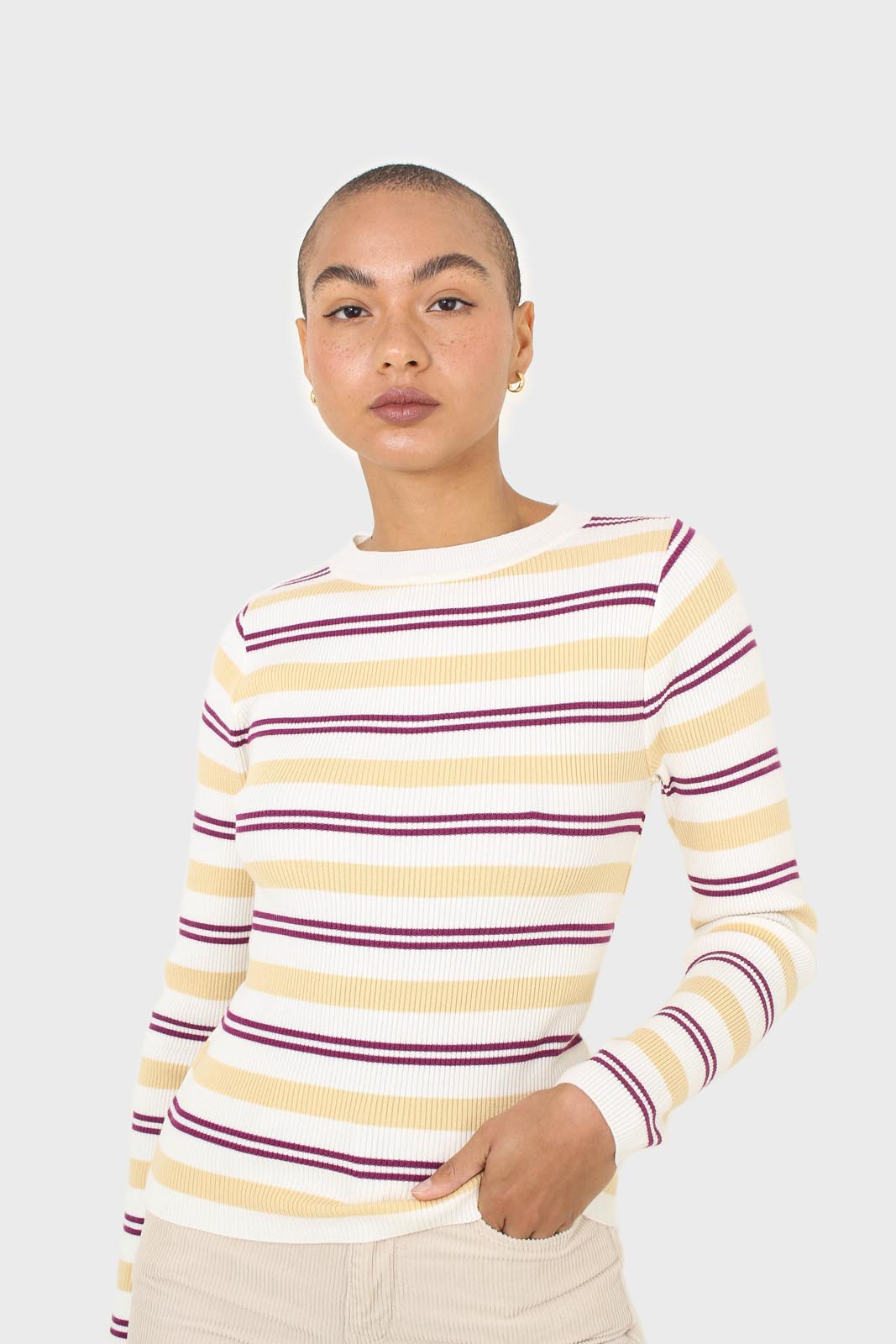 Ivory purple and yellow multistripe knit top