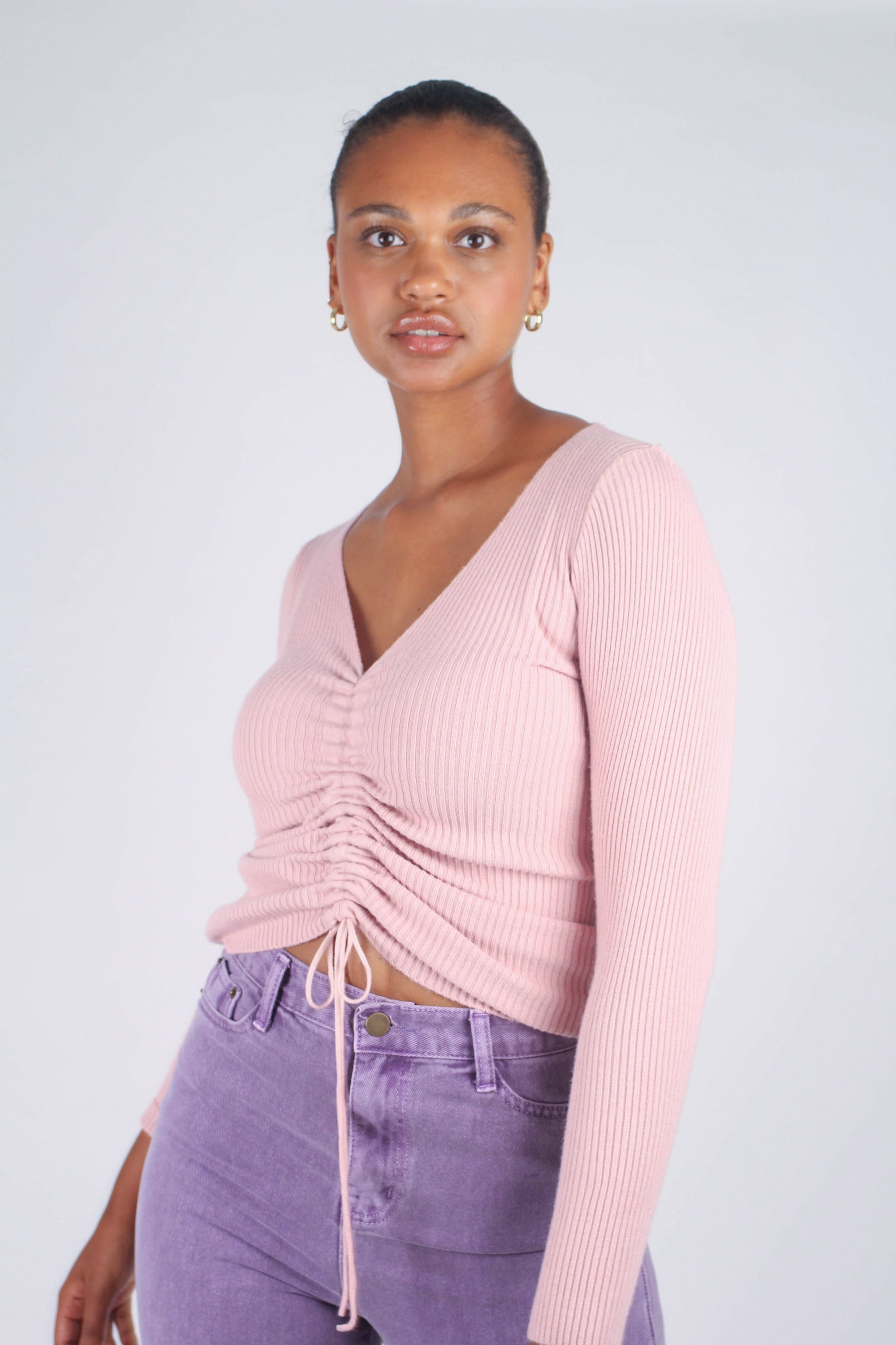 Pink pull front ribbed knit top