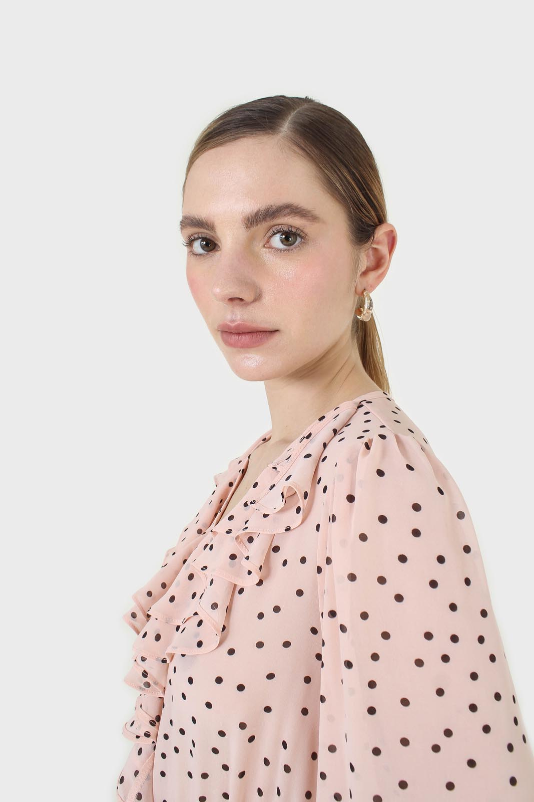 Pink and black polka dot long sleeved maxi dress