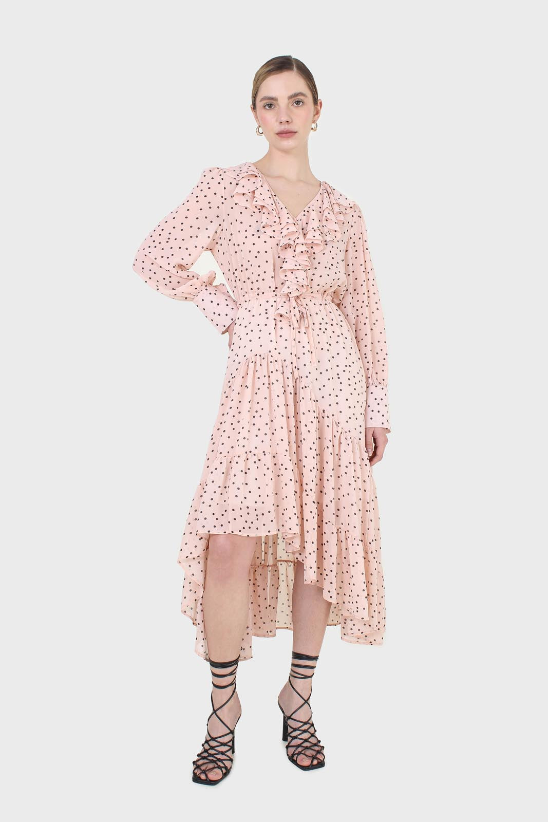 Pink and black polka dot long sleeved maxi dress
