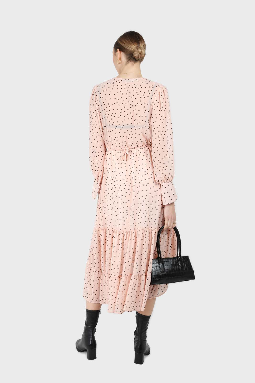 Pink and black polka dot long sleeved maxi dress
