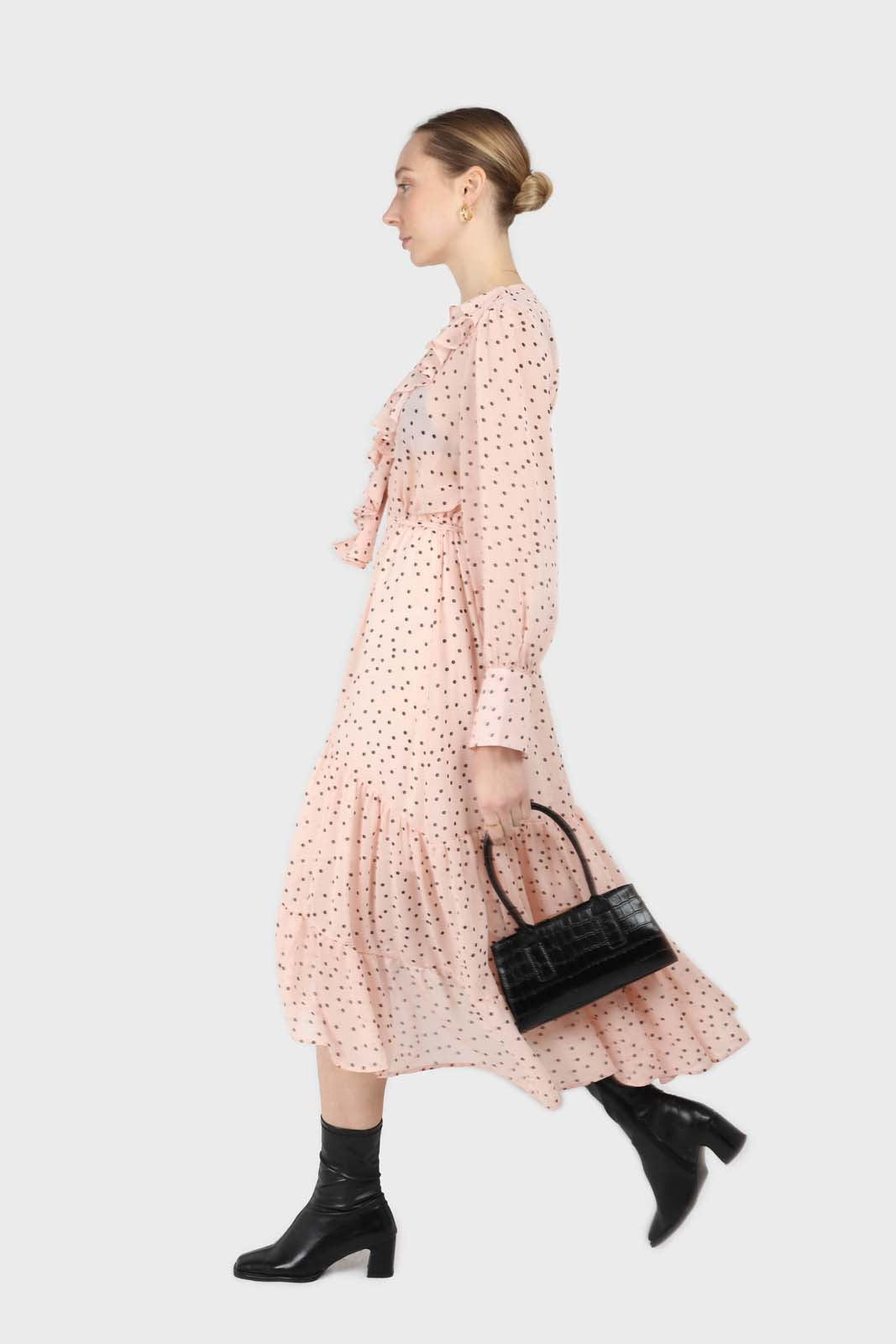 Pink and black polka dot long sleeved maxi dress