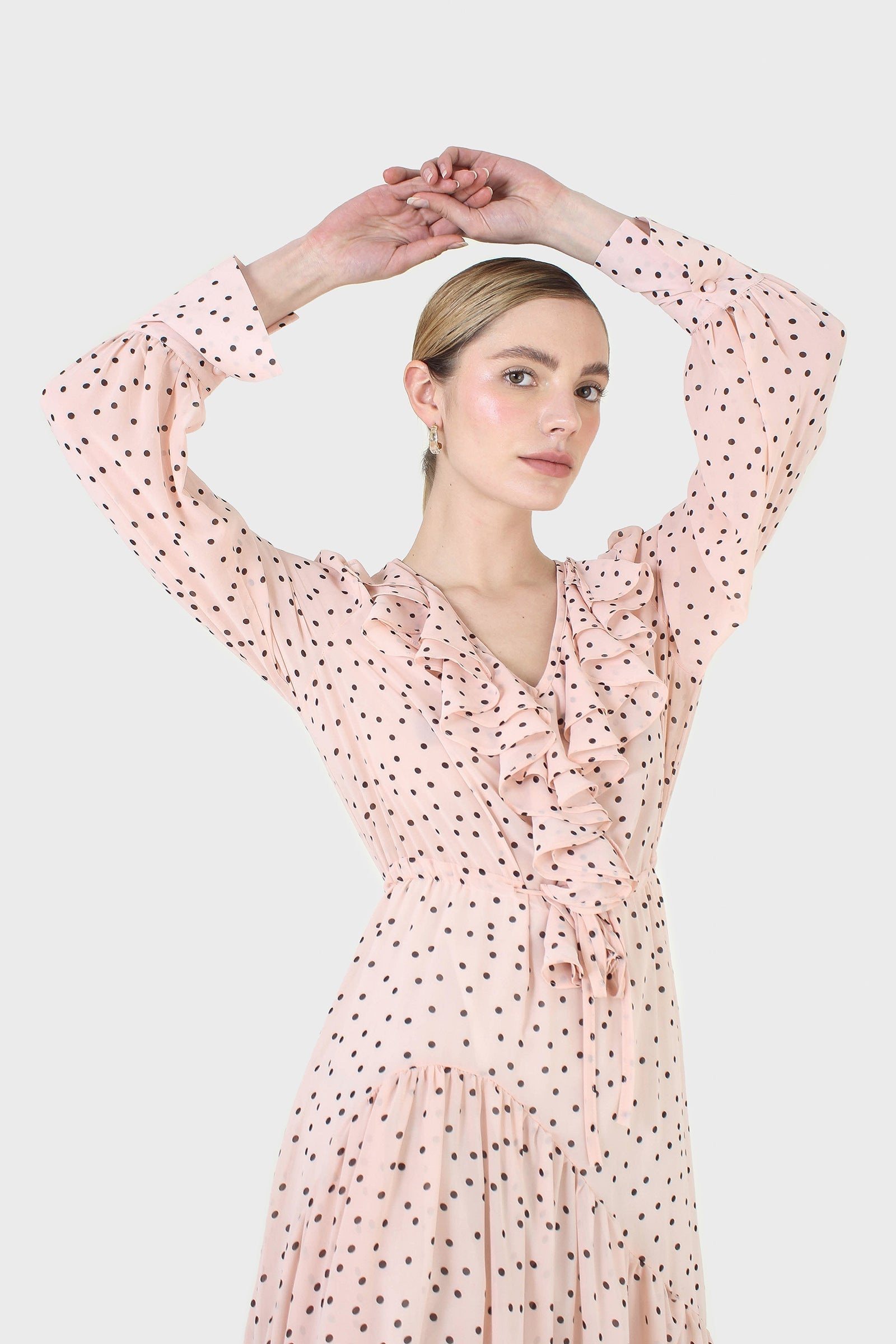 Pink and black polka dot long sleeved maxi dress