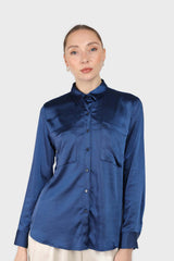 Navy satin chest pocket silky shirt