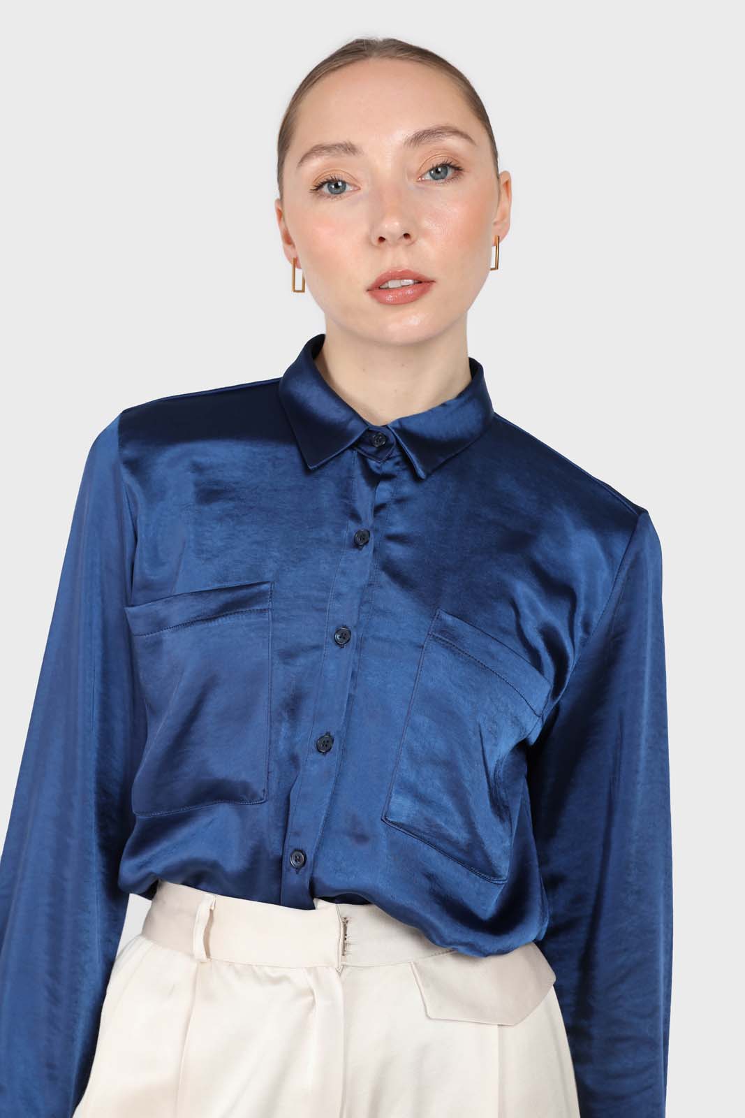Navy satin chest pocket silky shirt