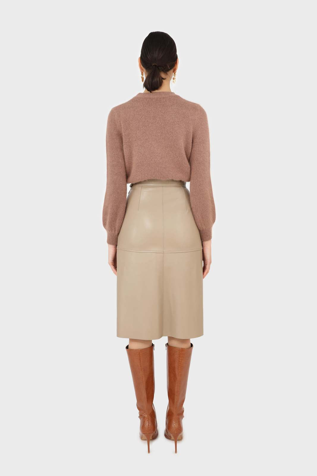 Beige vegan leather panelled midi skirt