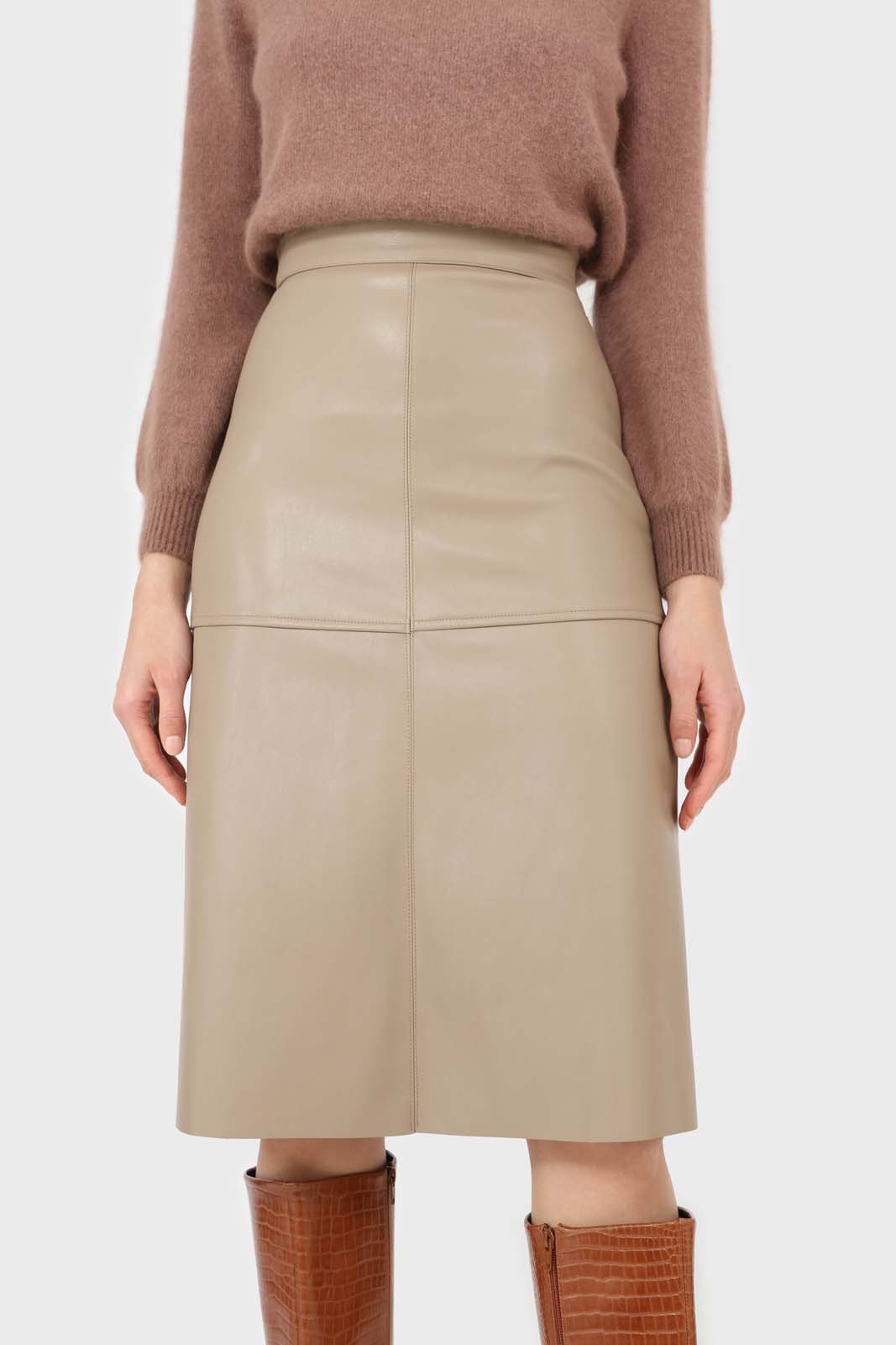 Beige vegan leather panelled midi skirt