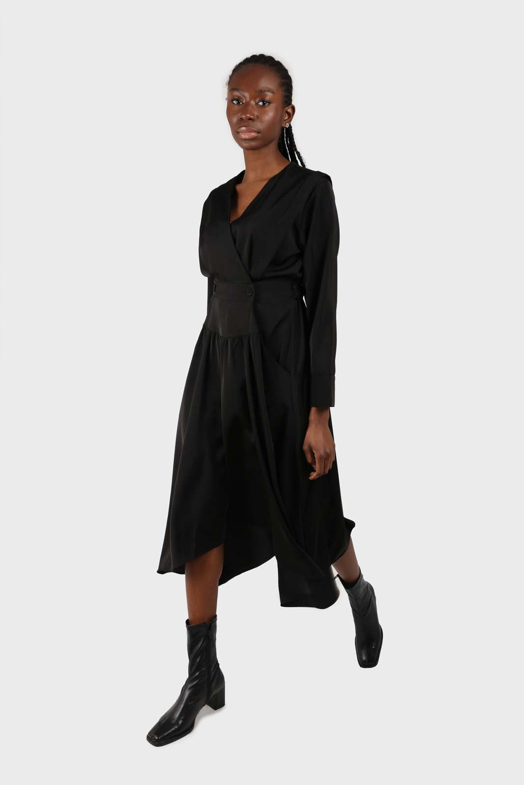 Black V-neck satin asymmetric hem midi dress