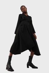 Black V-neck satin asymmetric hem midi dress