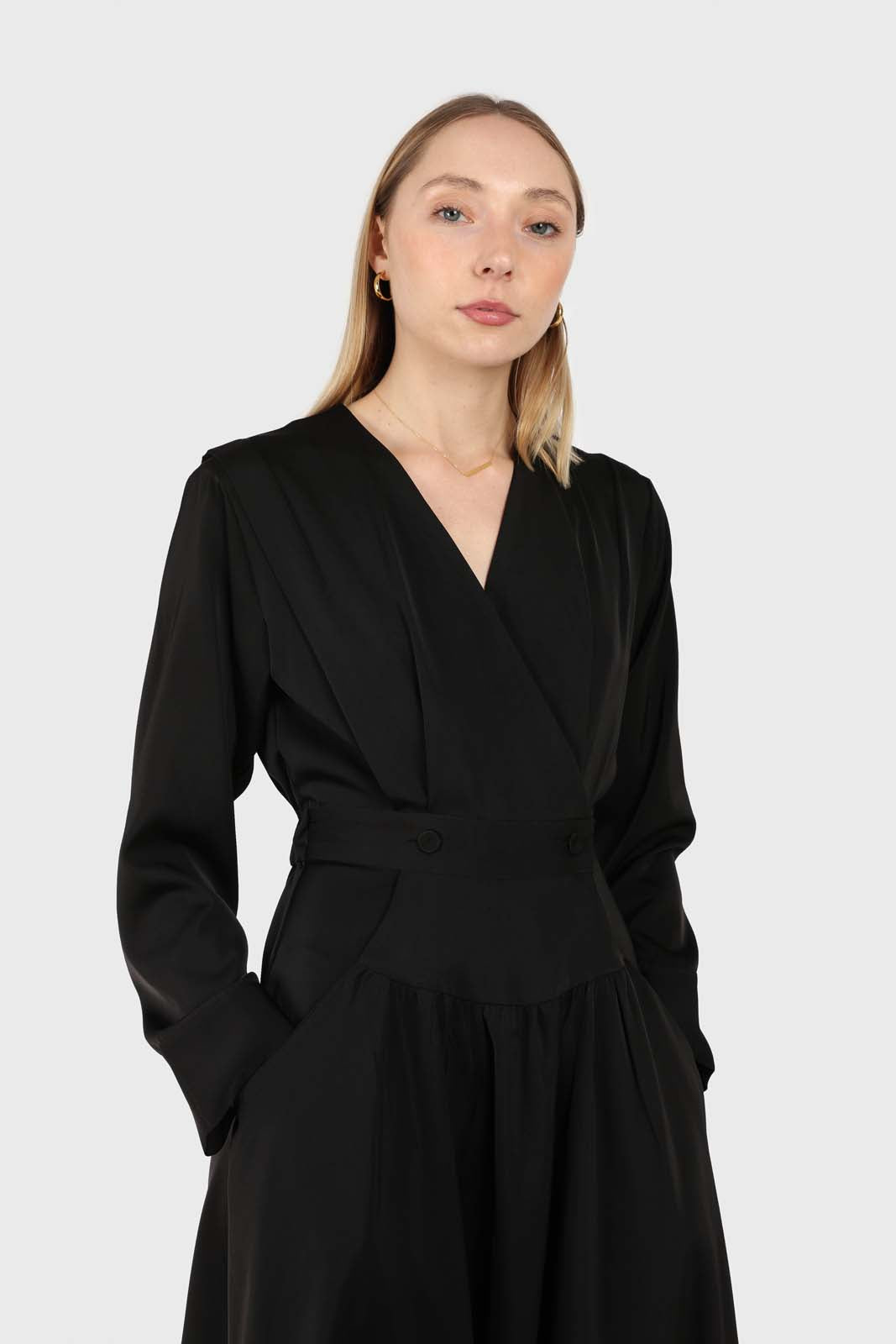 Black V-neck satin asymmetric hem midi dress