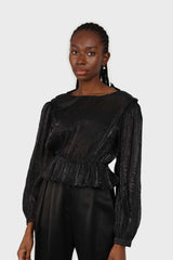 Black glossy sheer puff sleeve blouse