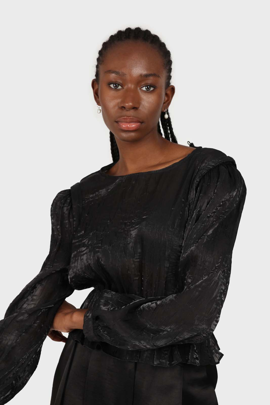 Black glossy sheer puff sleeve blouse