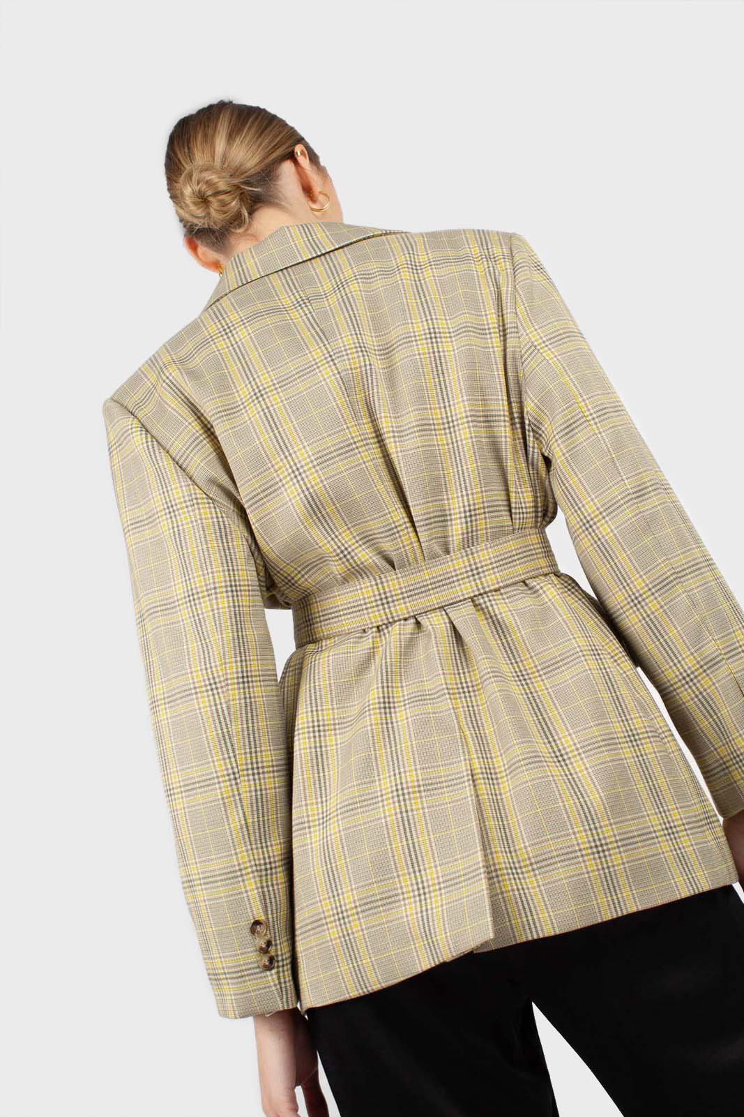 Beige and yellow checked belted jacket