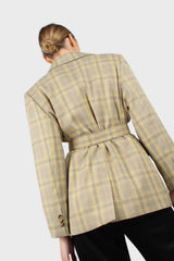 Beige and yellow checked belted jacket