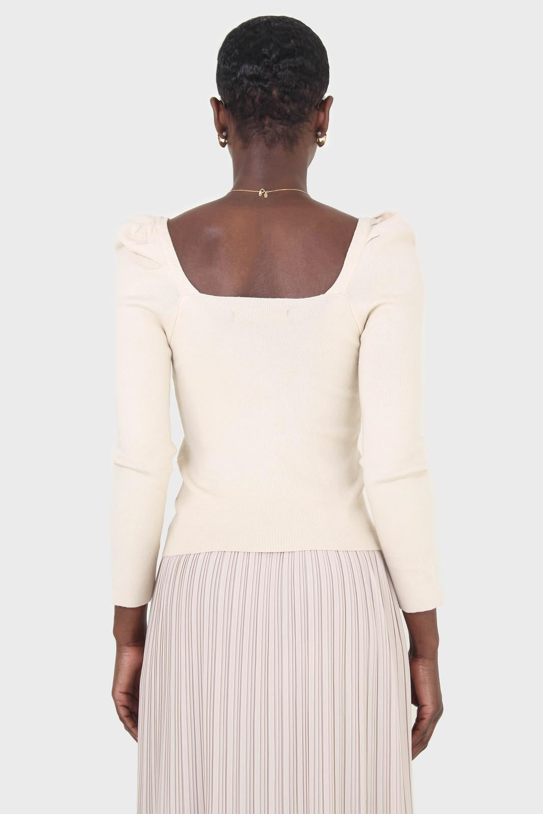 Beige gathered front long sleeved knit top