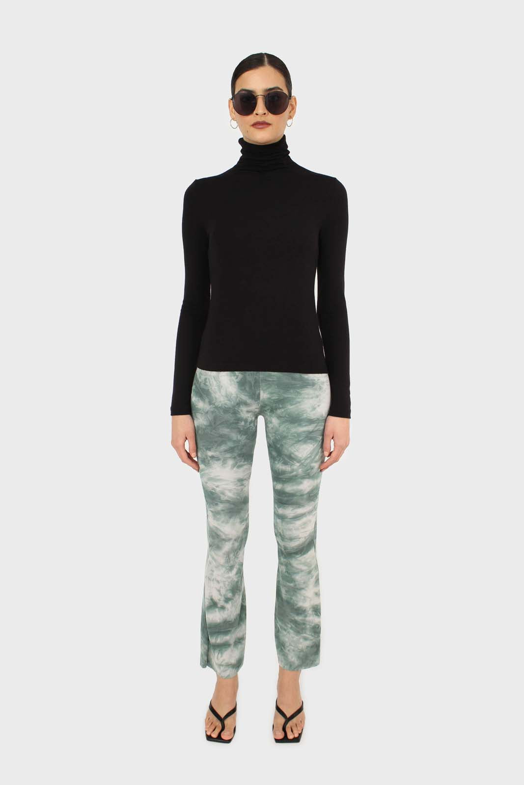 Black shirring neck jersey turtleneck top