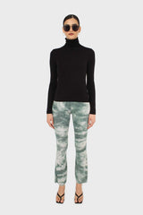 Black shirring neck jersey turtleneck top