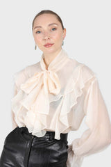 Ivory frill tie neck long sleeve blouse