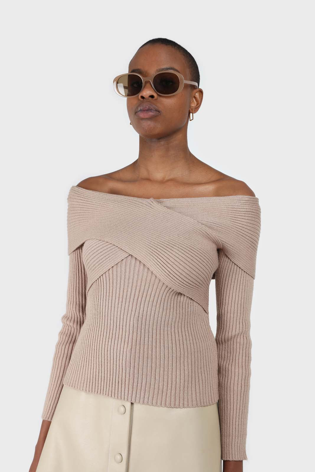 Beige cross over wrap ribbed knit top