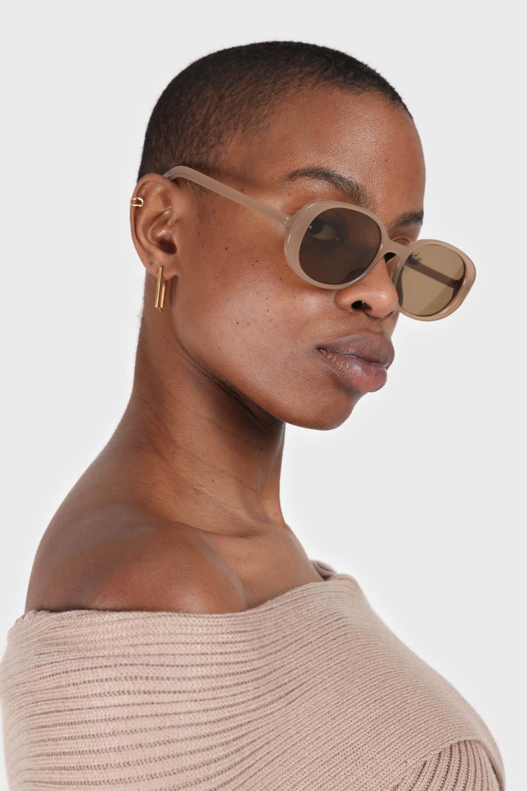 Beige cross over wrap ribbed knit top