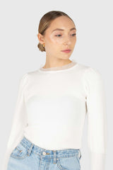 Ivory balloon sleeve frill tie neck knit top
