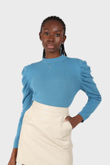 Blue long balloon sleeve knit top