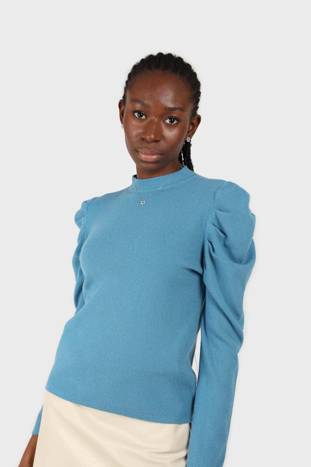 Blue long balloon sleeve knit top