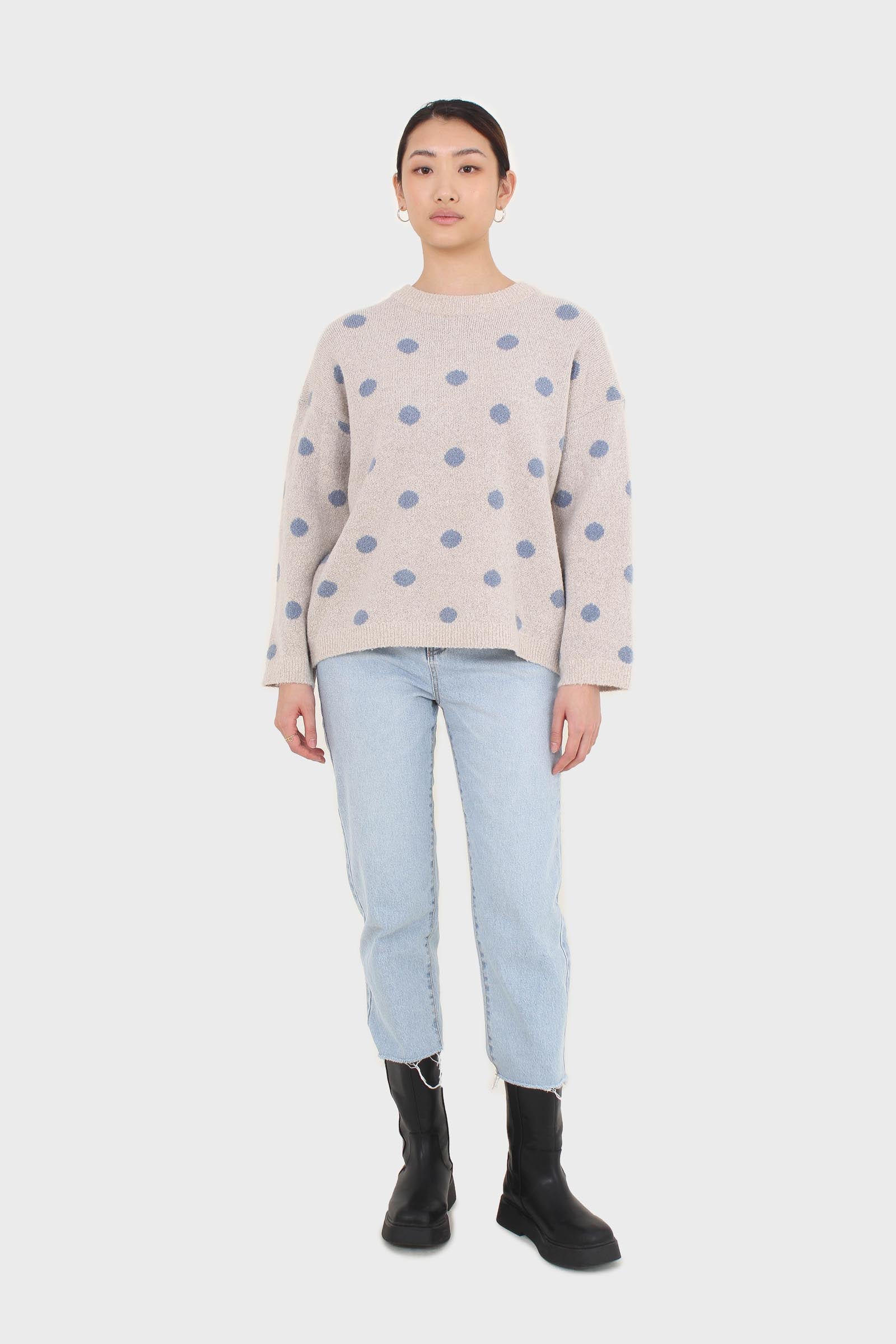 Beige and blue intarsia polka dot jumper