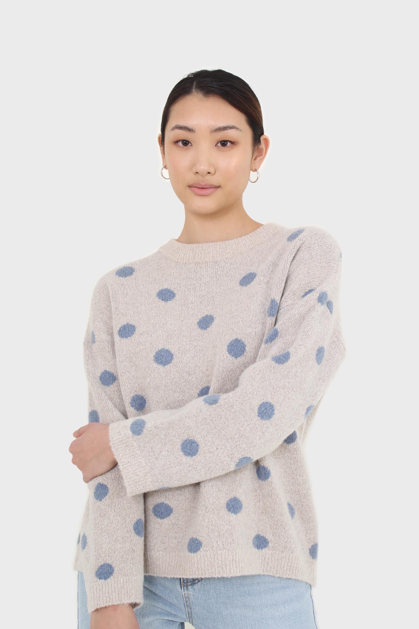 Beige and blue intarsia polka dot jumper