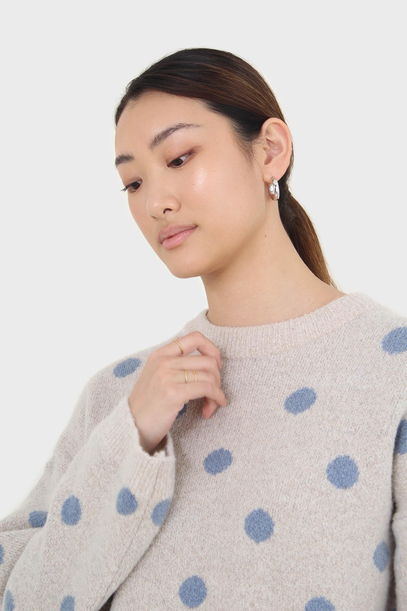 Beige and blue intarsia polka dot jumper