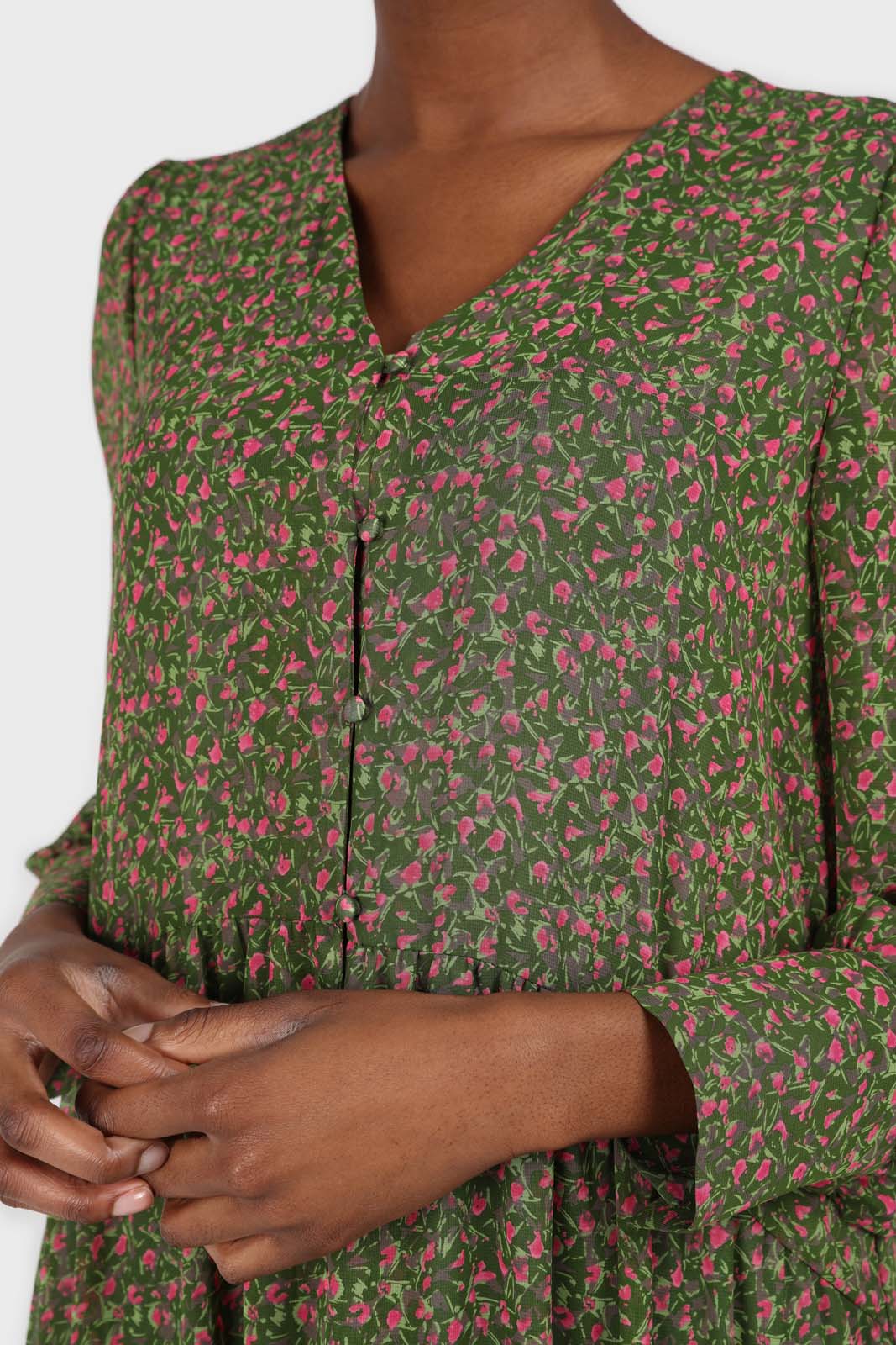 Khaki button front floral maxi dress
