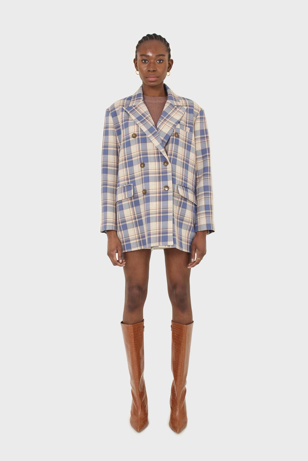 Blue and yellow checked oversized blazer