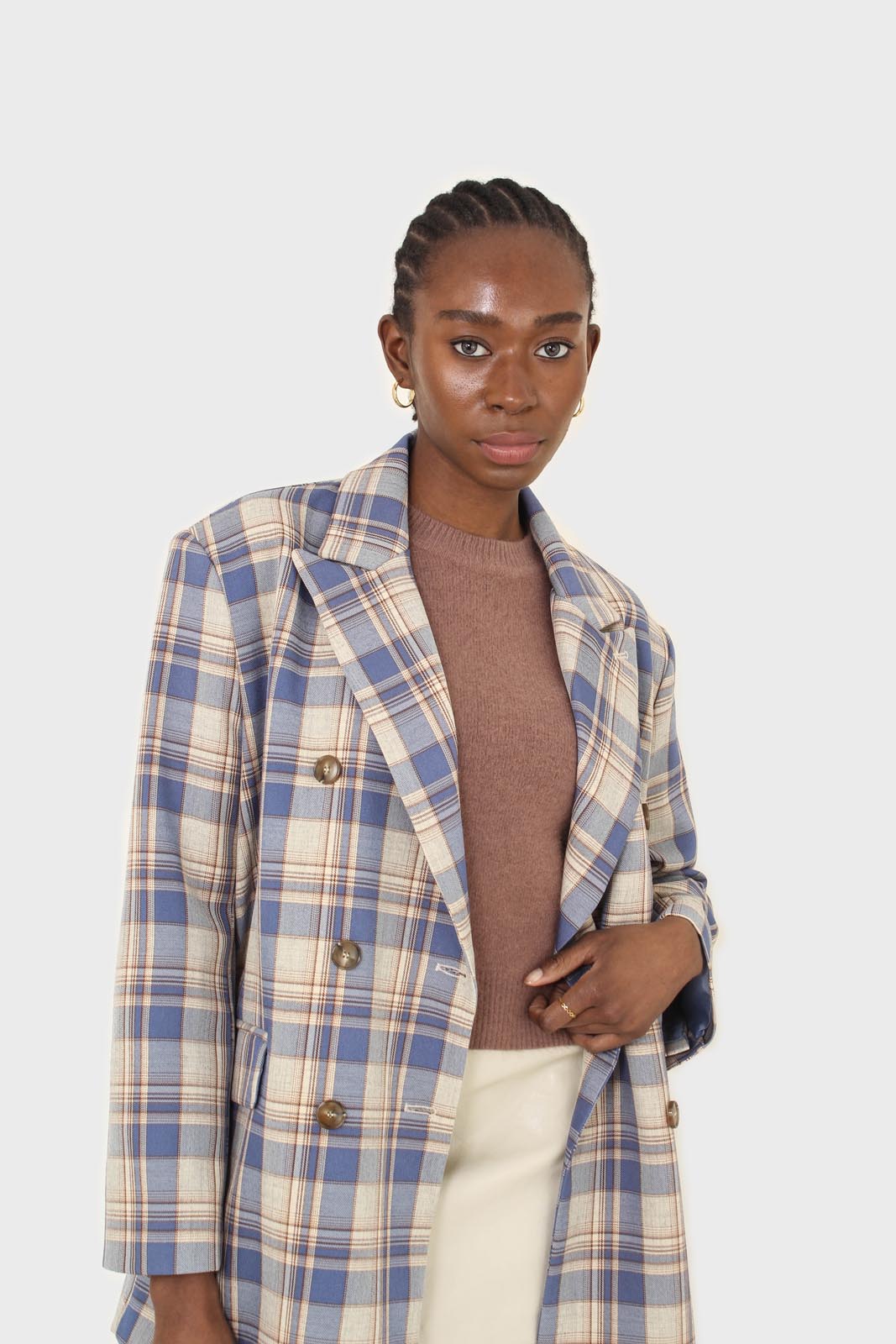 Blue and yellow checked oversized blazer