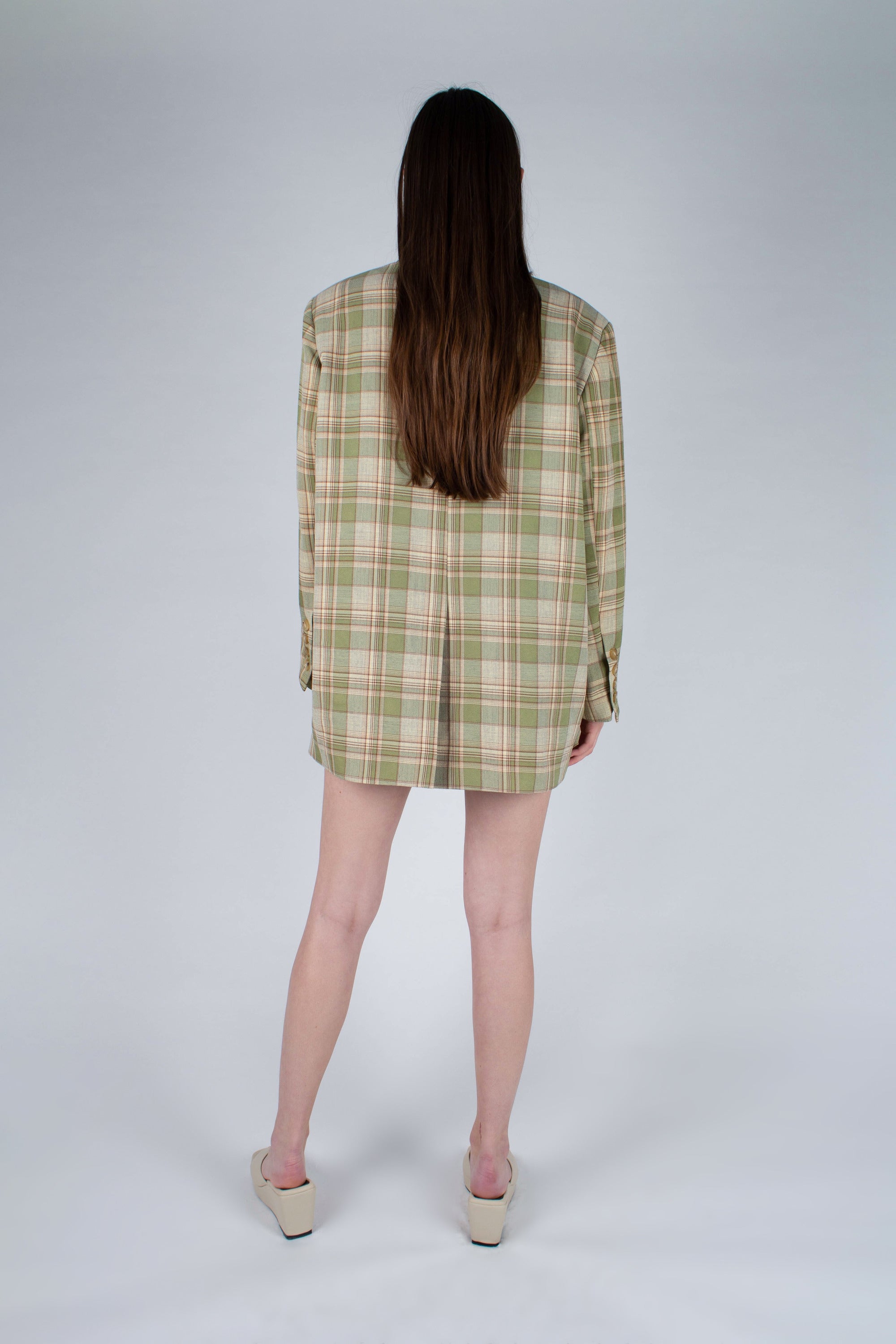 Green and yellow checked oversized blazer