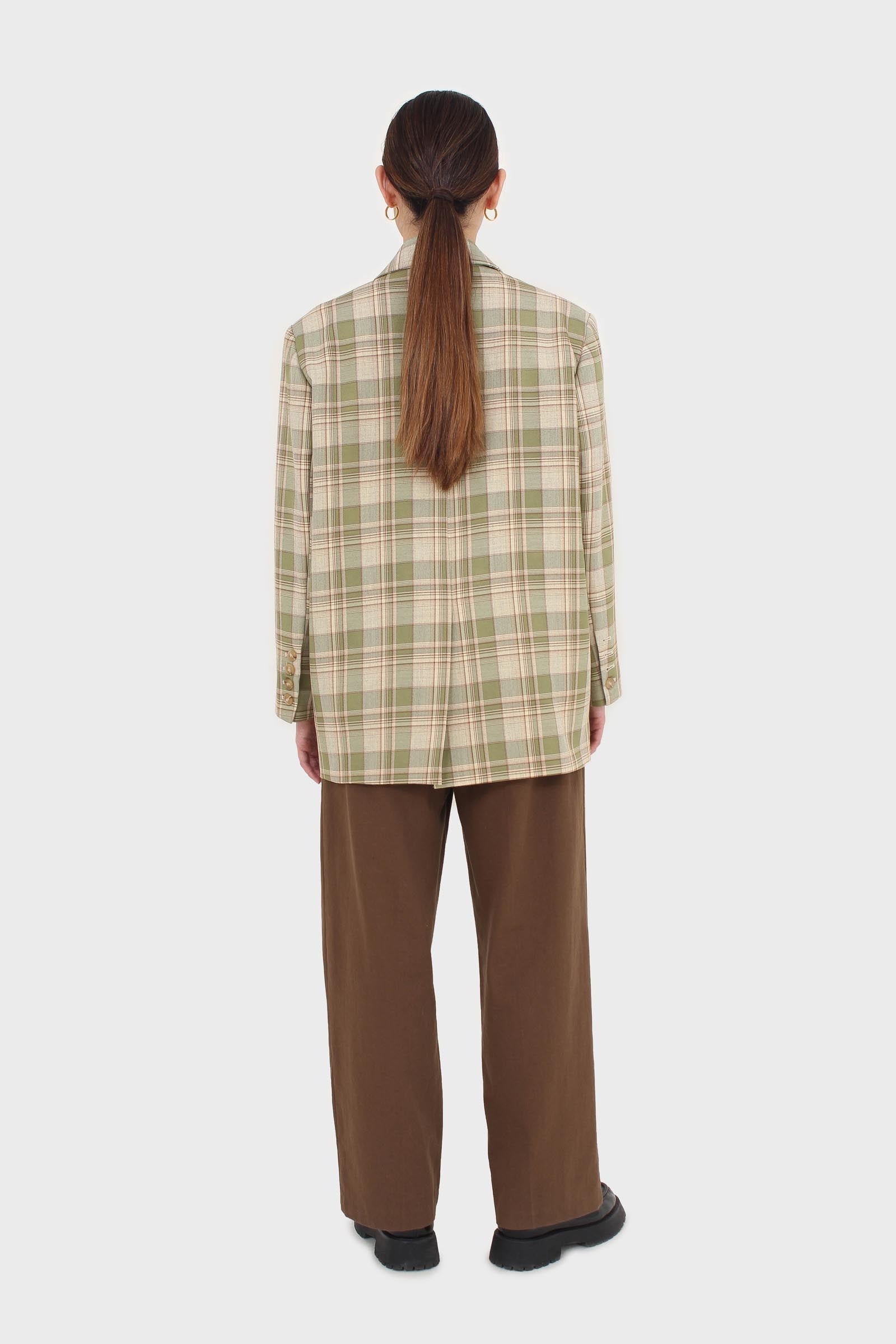 Green and yellow checked oversized blazer