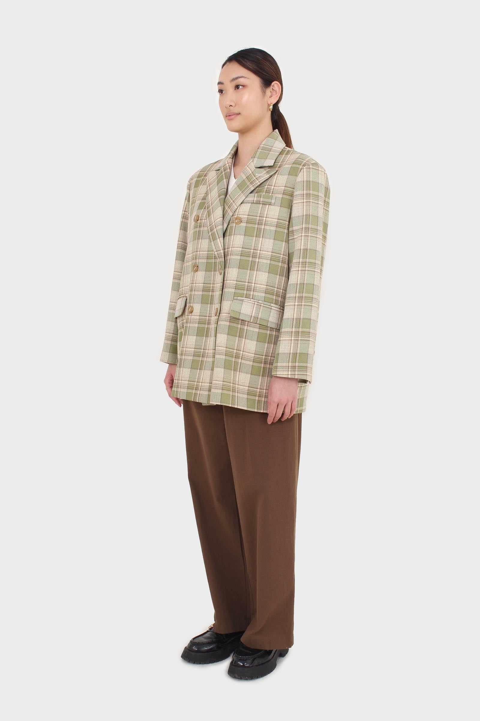 Green and yellow checked oversized blazer