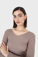 Cocoa V-neck ribbed long sleeved knit top