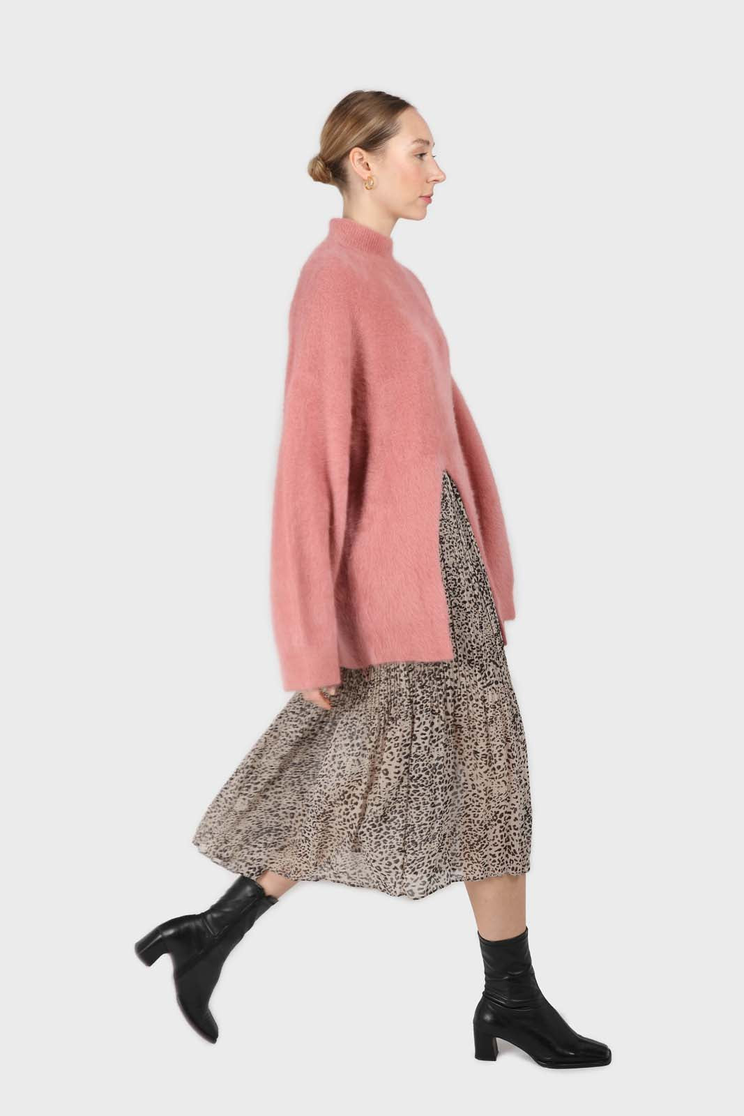 Pink split front mock neck angora long jumper